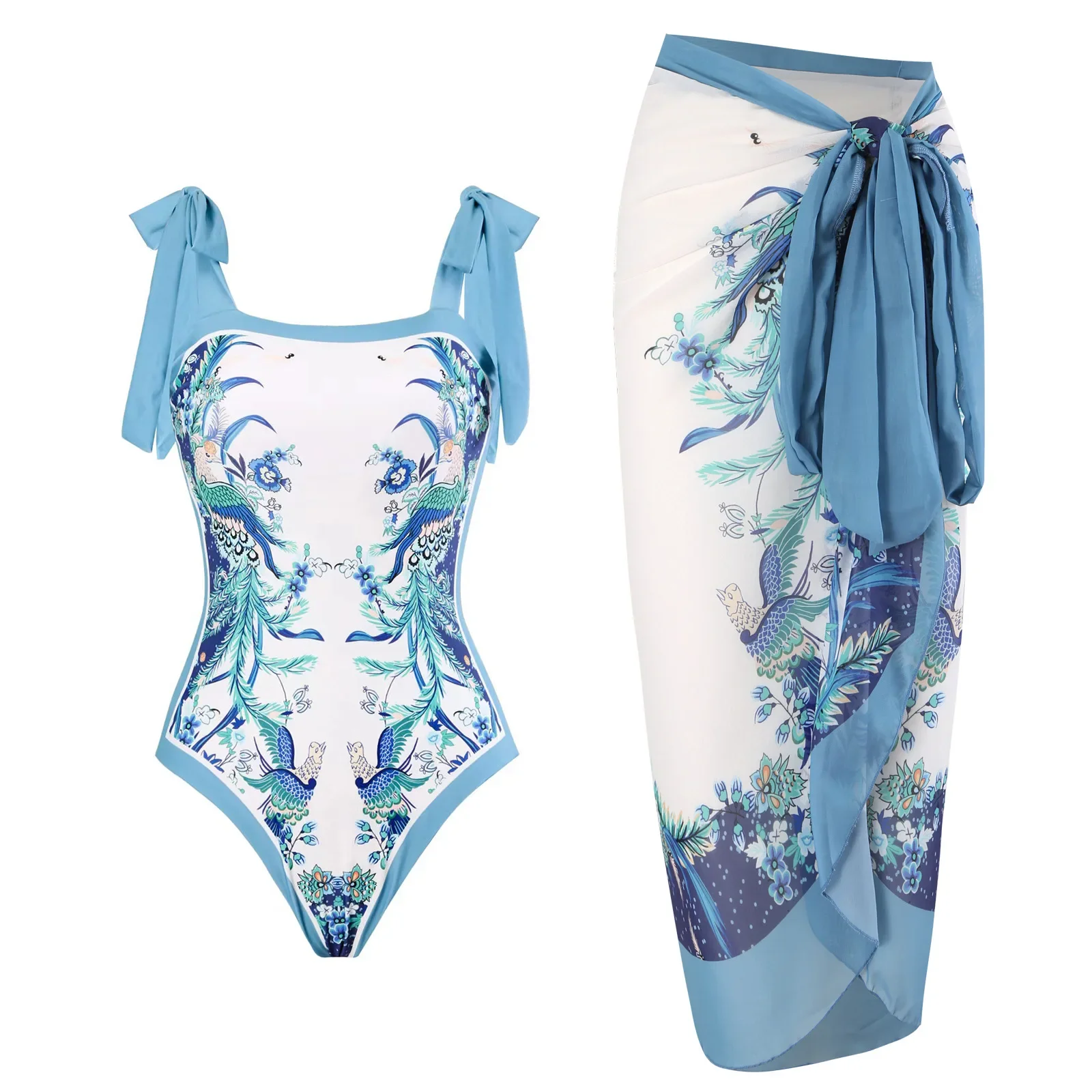 2025 Vintage Print One Piece Swimwear for Women with Beach Cover up Wrap Skirt Tummy Control Monokini Two-Piece Style