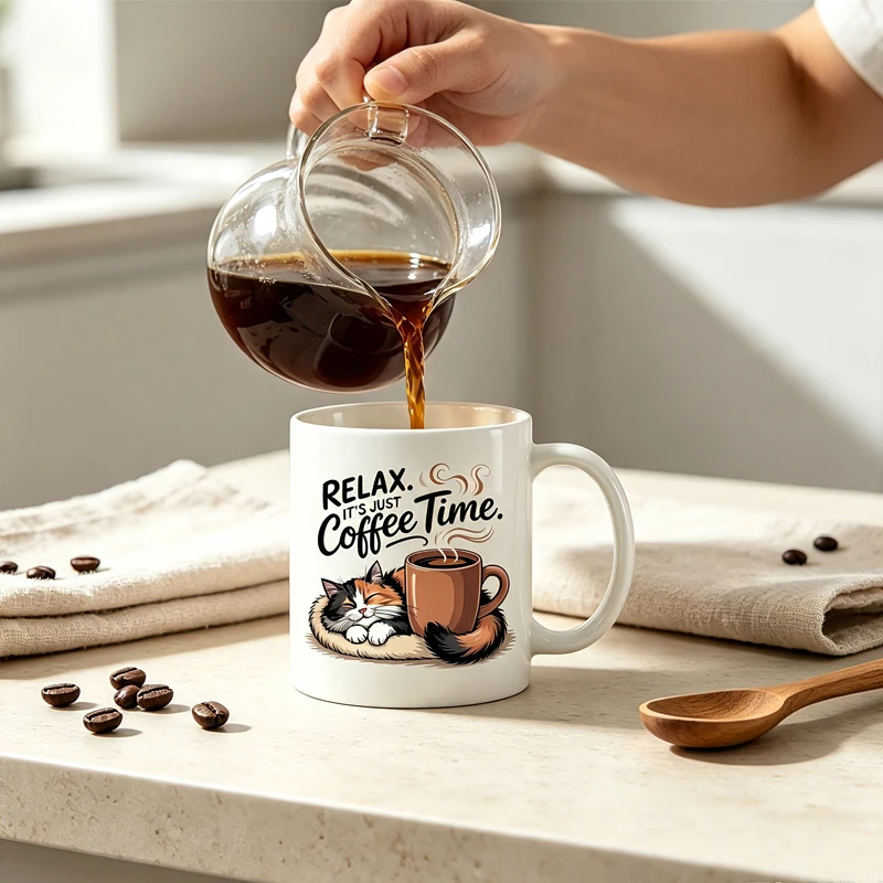 Relax—it’s coffee time. A cat-themed coffee mug—perfect for daily home use and an ideal gift for family.
