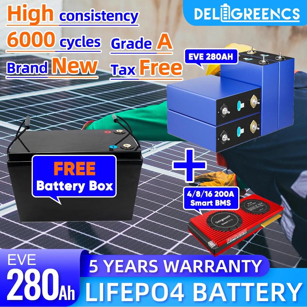 

Lifepo4 EVE 280AH Grade A 6000 Cycles 12V Battery With 4S 200A CAN RS485 BMS Free Battery Case 12V Power Bank For Solar