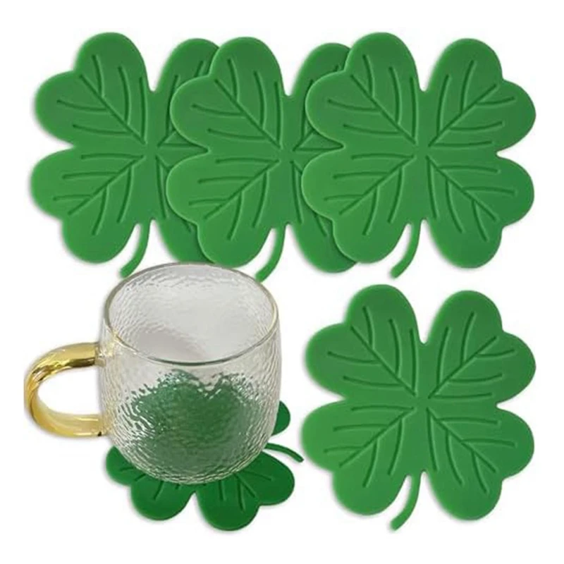 4Pcs St. Patrick's Day Coaster Silicone Green Drink Coasters Set Kit Non-Slip Insulations Tea Cup Mats Coffee Coasters Set Kit