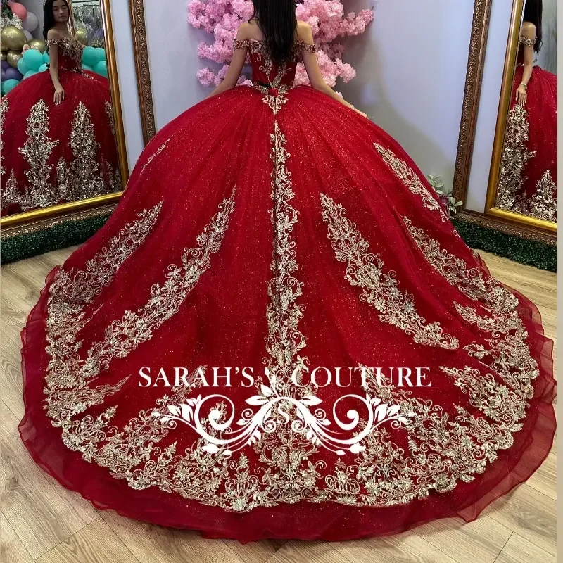 ANGELSBRIDEP abito Quinceanera rosso con Applique in pizzo dorato bicchiere di cristallo con perline Lace Up Sweet 16 Vestido De 15 Anos Ball Gowns