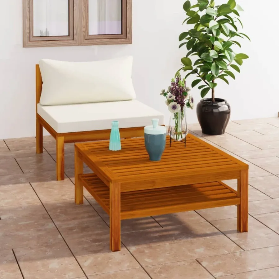 

2 Piece Patio Sofa Set with Cream White Cushions Acacia Wood