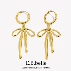 E.B.belle Cute Long Bow Earrings Tarnish Free Hypoallergenic 316L Stainless Steel Accessories 18K Gold Plated Gift