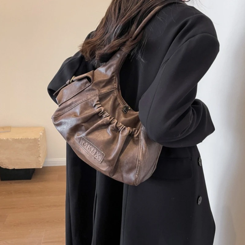 

Сумка-хобо для женщин, инди-дизайн, высококачественная плиссированная винтажная сумка Maillard цвета, мятая, большая вместительная сумка для подмышек, кошелек на плечо