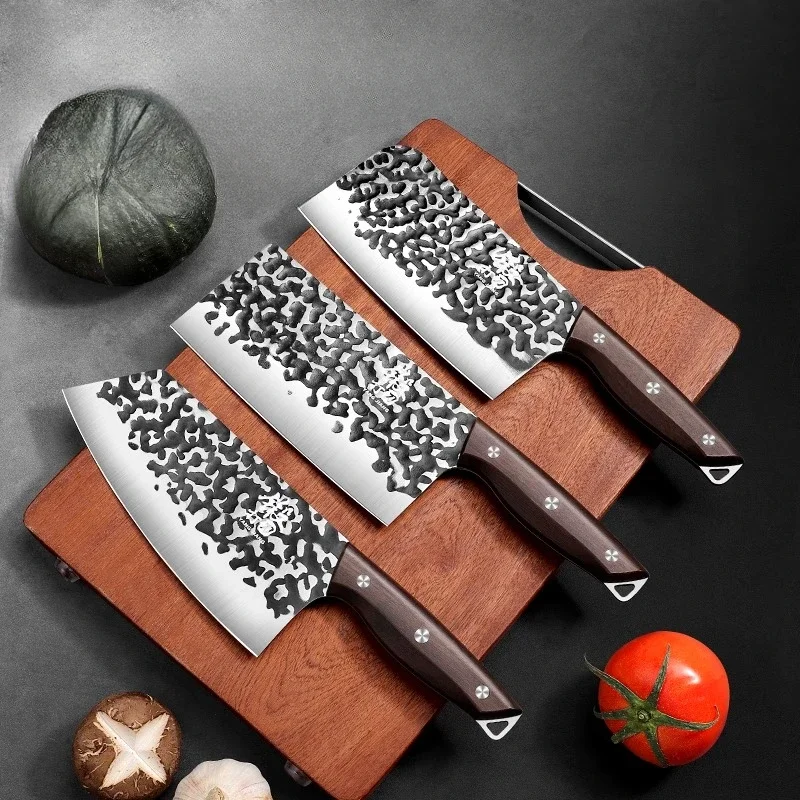 Hand-Forged 6-Piece Premium Kitchen Knife Set -Chef Knife Cleaver Utility Knives with Walnut Stand,Stainless Steel Kitchen Knife