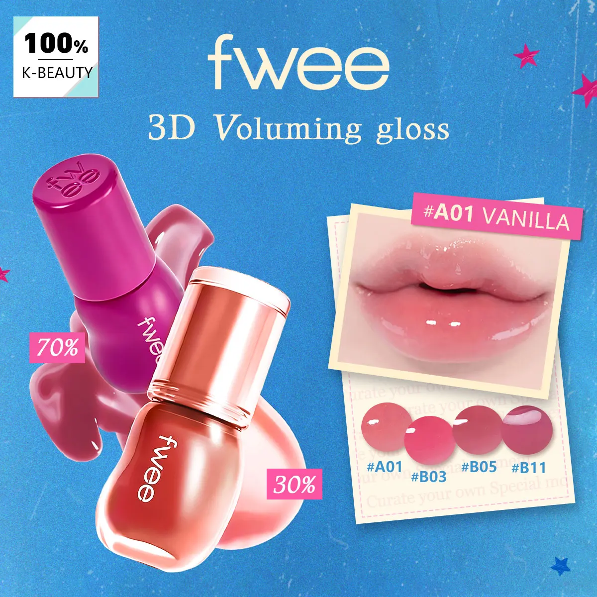 Brillo Voluminizador 3D FWEE, Textura Ligera, Transparente e Hidratante, No Pegajoso, Película Brillante, Cosmético Coreano, Maquillaje Coreano