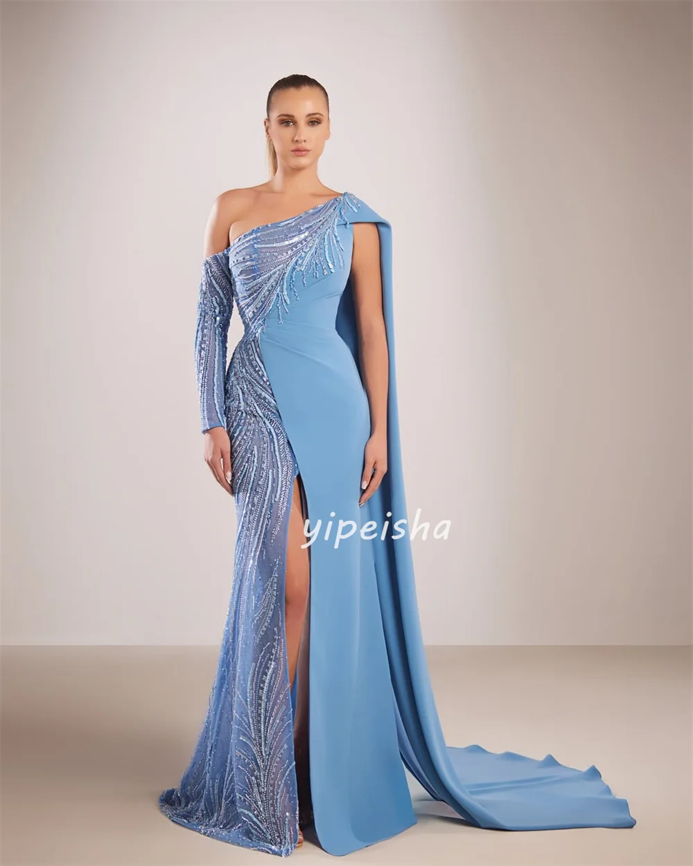 Индивидуальные высокое качество замысловатый трикотаж с бисером и блестками Русалка на одно плечо Длинные платья на заказ Модные платья для особых случаев