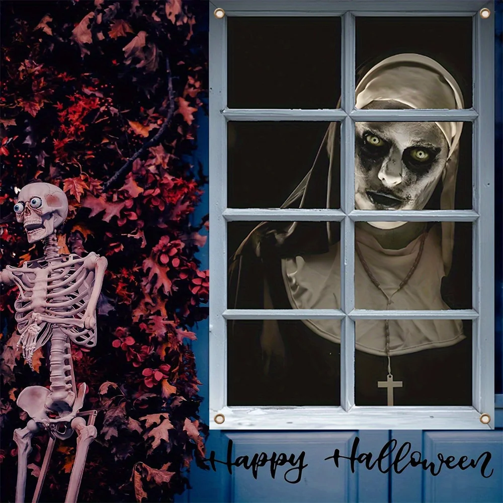 لافتة نافذة مسطحة ثنائية الأبعاد على شكل نون زومبي للهالوين - ديكورات حفلات من البوليستر مع رشات الدم