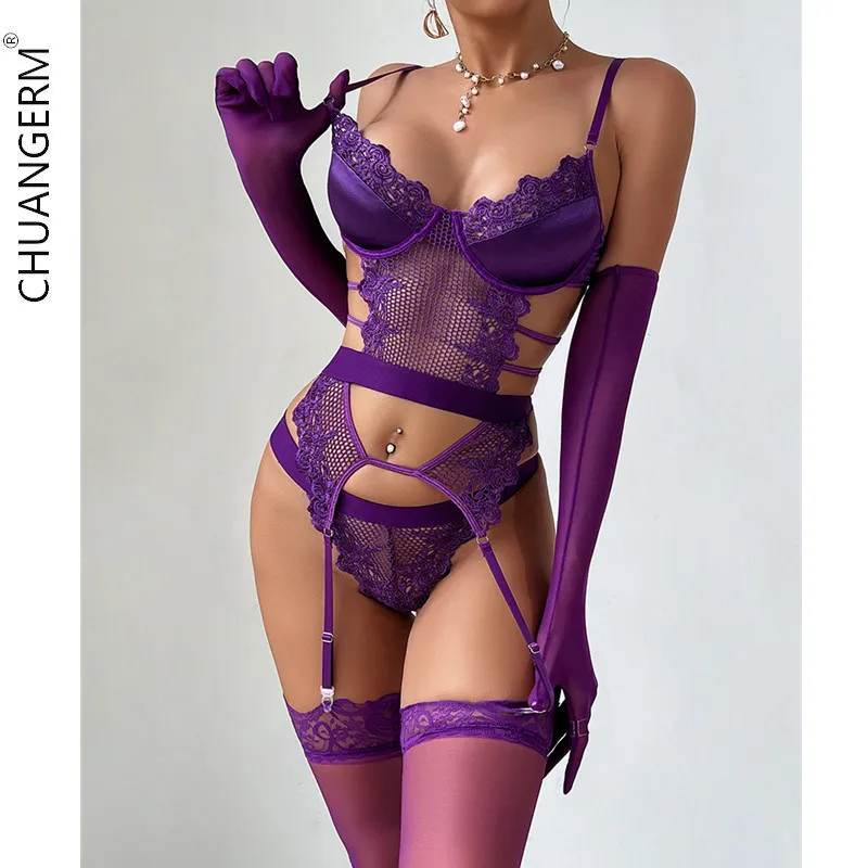 CHUNAGERM Purple Erotic Lingerie Complete Sexy Outfits Sissy G-String Thongs Lace Sex Costume Stockings Fantasy Adult Babydoll