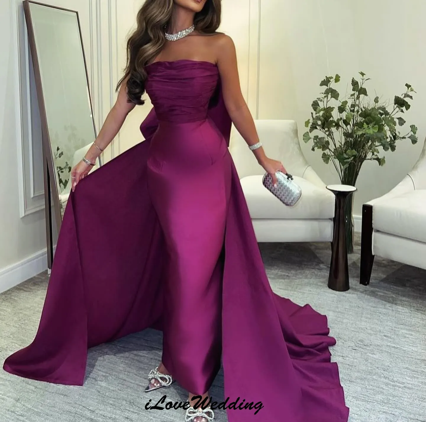 Trägerlose fuchsiafarbene Abendkleider 2025, elegante Meerjungfrau-Bänder, knöchellang, Zählzug, Hochzeitskleid für Frauen, individuell gestaltet