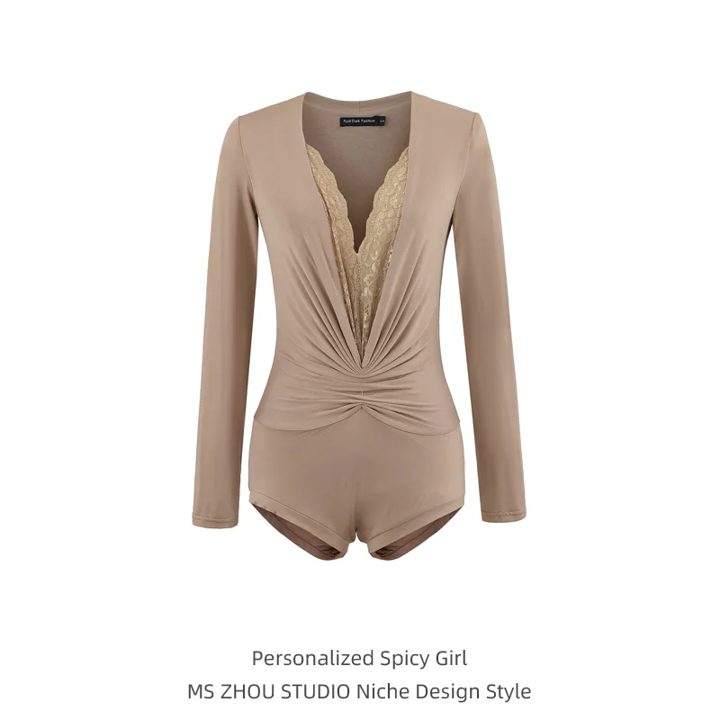 

Slimming Lace Splice V-Ne Long Sve Onesie Women's Base irt Sexy Pleated High Waist ort Pants Straight Cut Autumn New