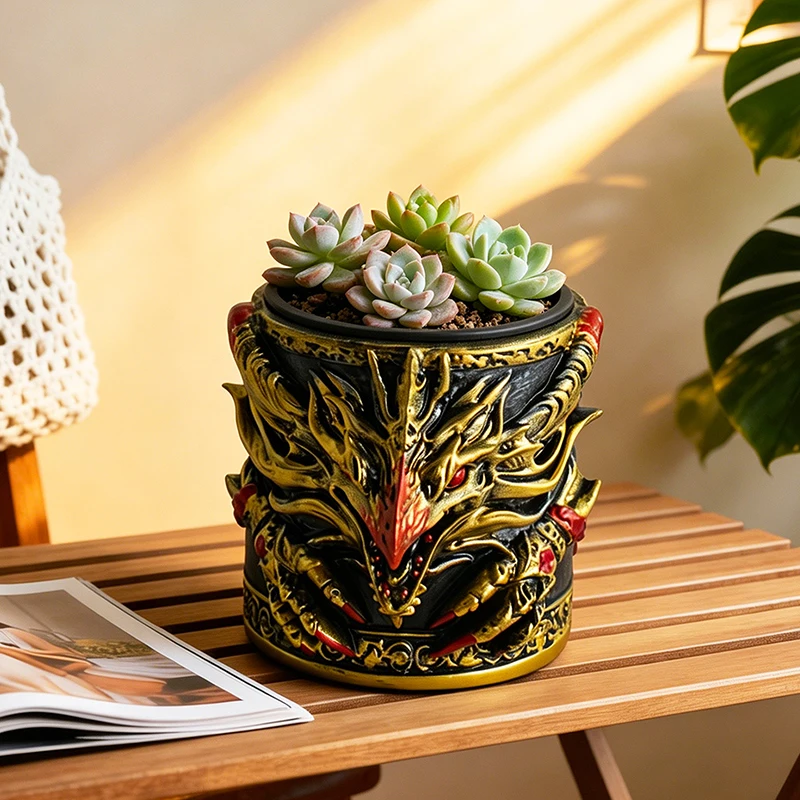 Dark Gothic 3D Dragon Relief Resin Plant Pot Sculpture Holder for Small Greenery Succulent Home Window Tabletop Decor Accent