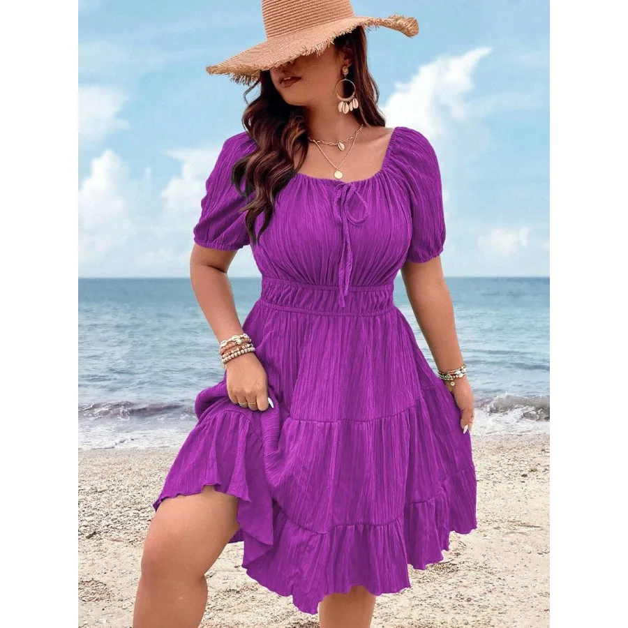 

【New style】 Clasi Plus Size Solid Color Square Neckline Ruffle Hem Short Sleeve Summer Dress