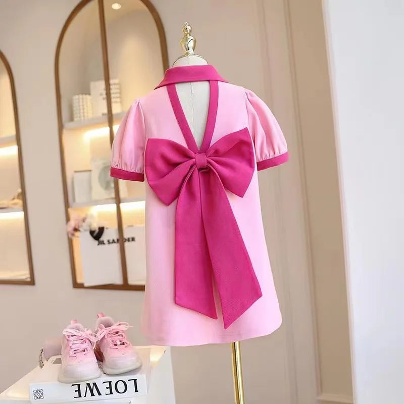 Girls Summer Dress 2023 New Girls Summer Bow Fashionable Princess Dress Polo Little Girls Cartoon Beautiful Dress Kids Clothing