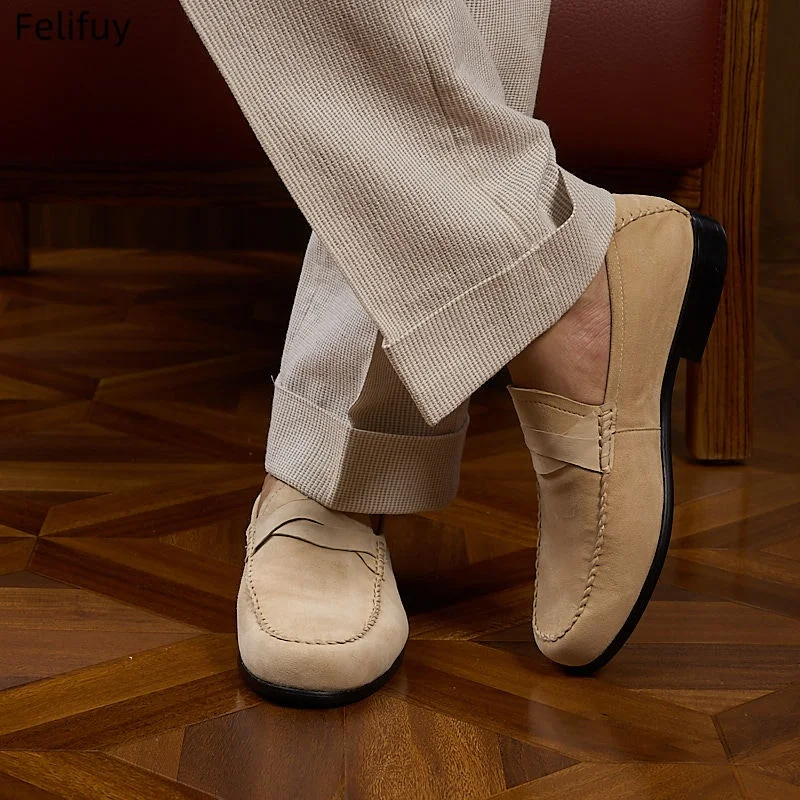 Apricot Men's Casual Shoes Cow Suede Genuine Leather Men British Style Loafers Moccasins Mens Light Comfortable Driving Flats