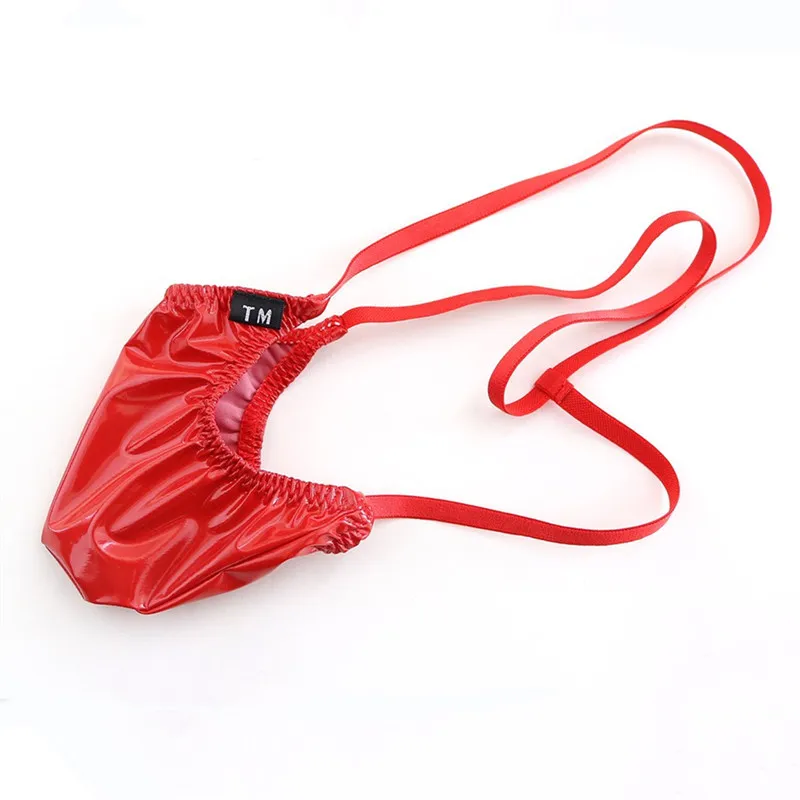 Low‑Rise Male T‑Back Thong Underwear Faux Leather Glossy Surface Small Pouch Elastic Sexy Men G‑String Underpants