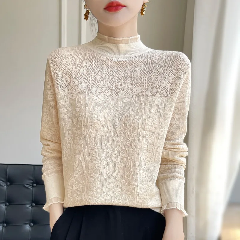 Women's Ruffled Turtleneck Knit Sweater Textured Long Sleeve Slim Fit Casual Pullover Top