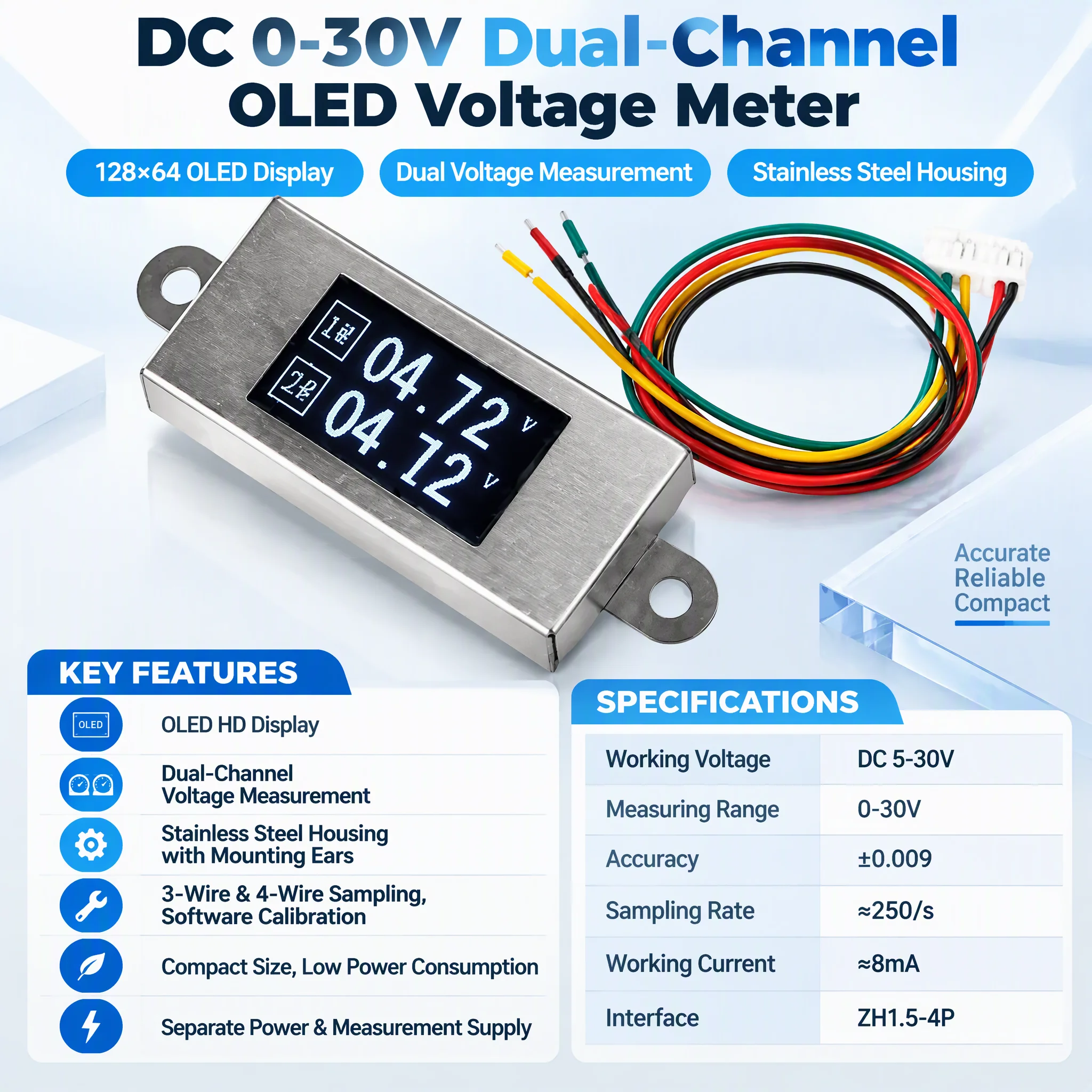 0.77inch OLED Dual Channel Voltmeter DC 0-30V 128×64 High Precision Voltage Monitor for Battery Detection Stainless Steel Shell