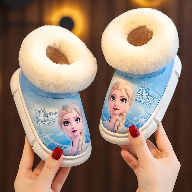 Disney Princess Elsa Winter Children\'s Cotton Slippers Girls\' Heel Wrap Warm Fur Wear Baby Blue Purple Snow Boots Size 22-35