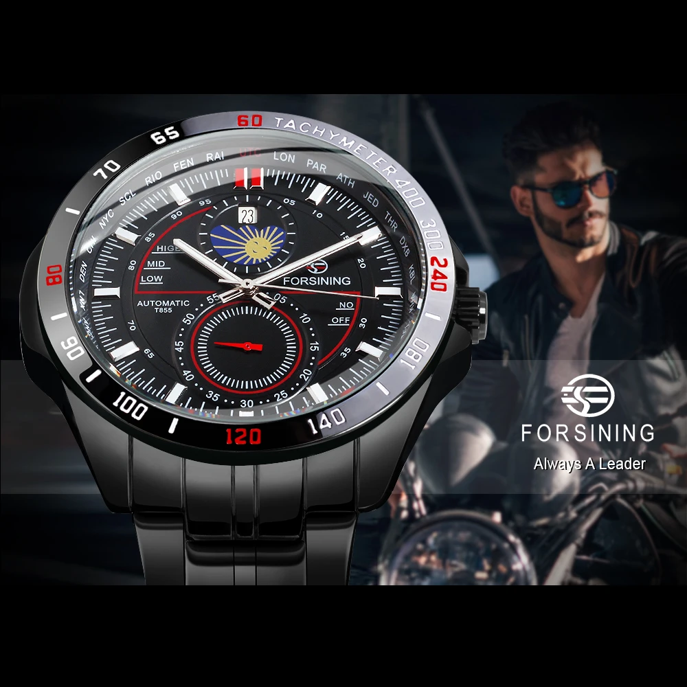 Fashion Forsining Top Brand For Men Moon Phase Calendar Military Automatic Mechanical Black Full Stainless Steel Wrist Watches