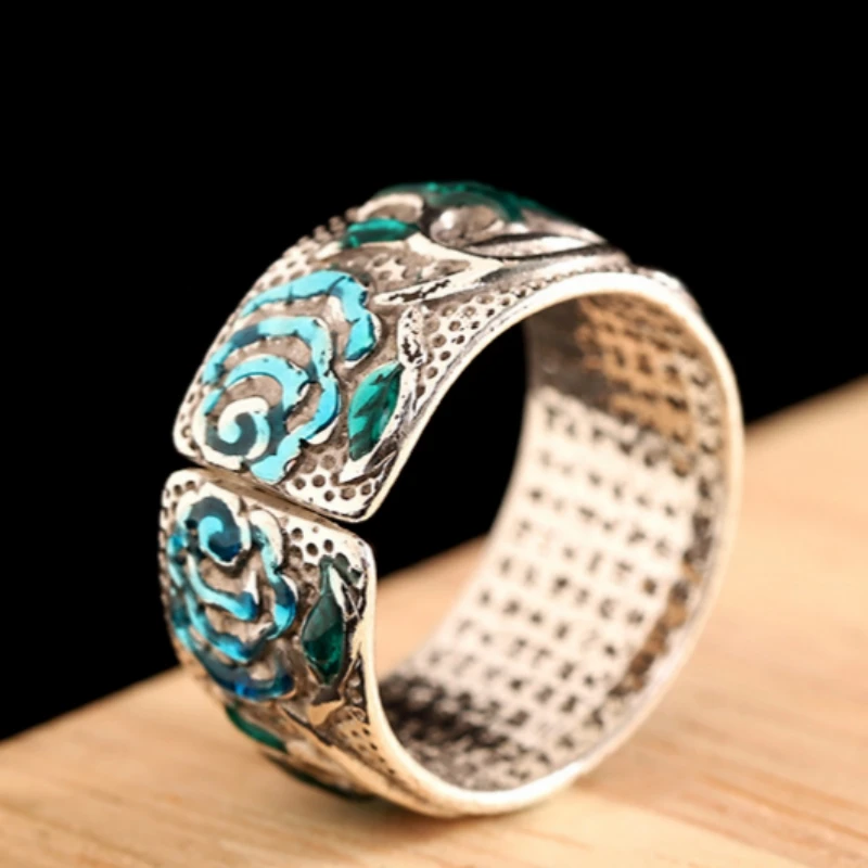 S999 Sterling Silver Rings for Women Men New Women's Fashion Relief Rose Heart Sutra Enamel Ethnic Style Jewelry Wholesale