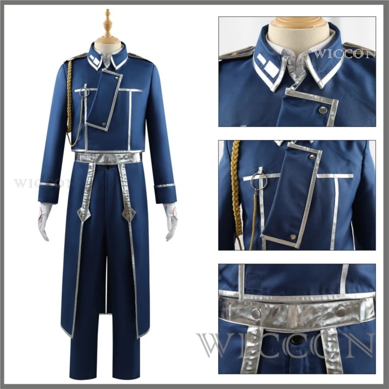 Anime Fullmetal Alchemist Roy Mustang Edward Elric Cosplay Costume Wig Blue Military Coat Uniform Full Set Man Carnival Suit