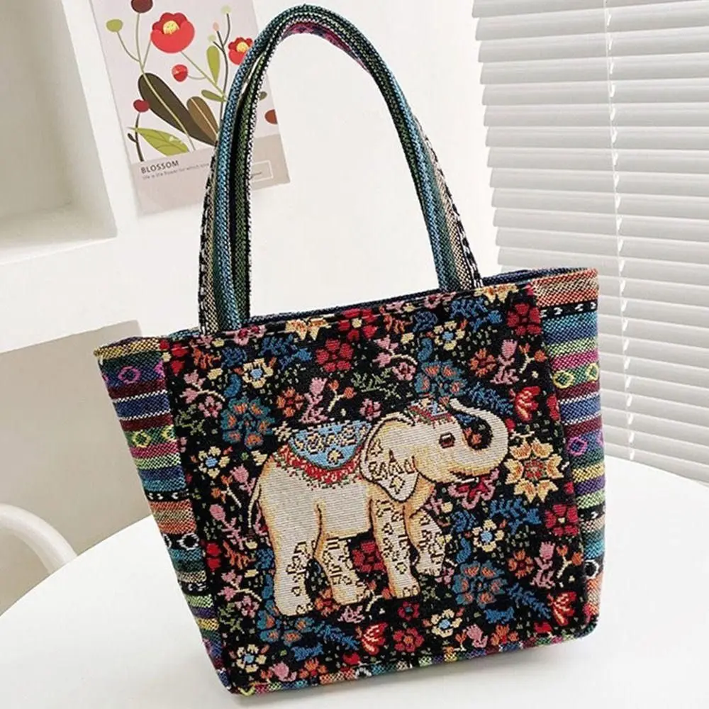 Animal Ethnic Style Women's Handbag Trendy Embroidery Elephant Peacock Handbag Rabbit Canvas Tote Bag Storage Bag