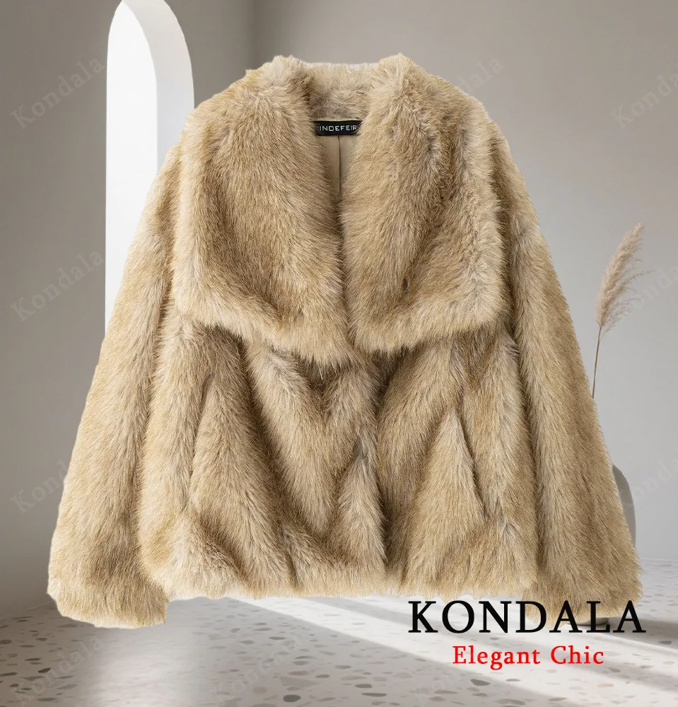 KONDALA Elegant Fur Coat Women's Fall Winter Warm Casual Coat Lapel Faux Fur Coat 2025 Fashion High Street Elegant Female Coat
