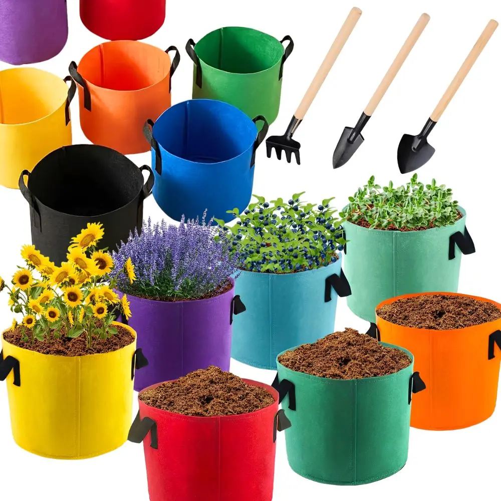 6pcs 5 Gallon Random Color Nonwoven Grow Bags + Mini Wooden Handle Gardening Tools for Balcony Backyard Home Growing YMY