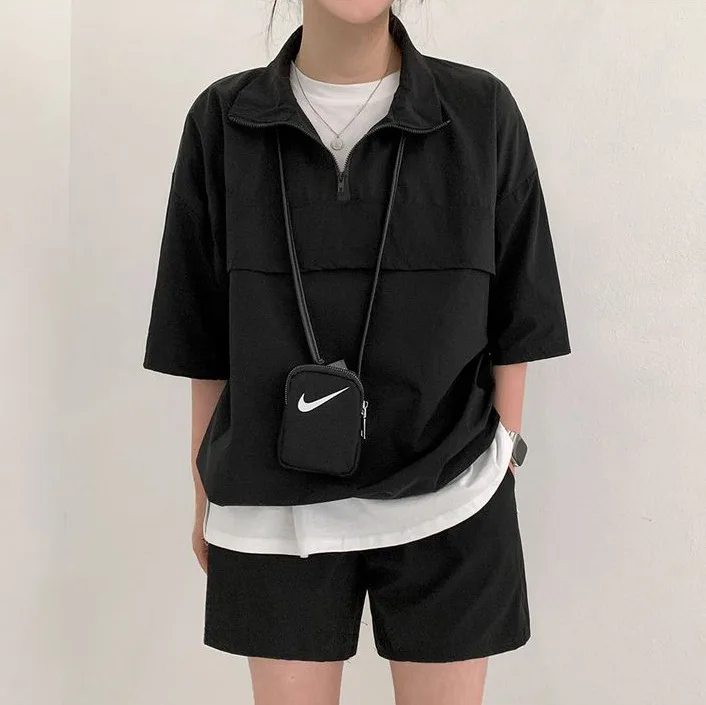 Terno de manga comprida e shorts feminino, conjunto de duas peças, roupa de treino de gola alta, estilo coreano, roupas casuais, verão