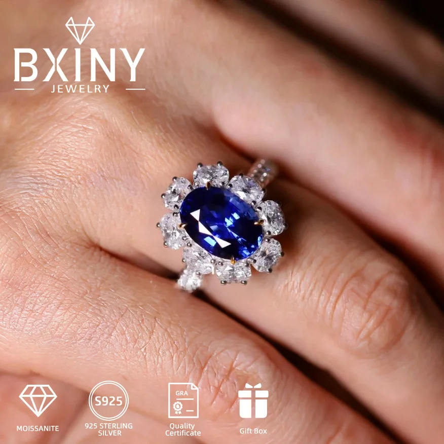 

Сертифицированное BXINY кольцо с муассанитом овальной огранки 2 карата S925, серебряное кольцо с сапфиром и лабораторным бриллиантом Halo, обручальное кольцо для женщин, ювелирные изделия, подарок
