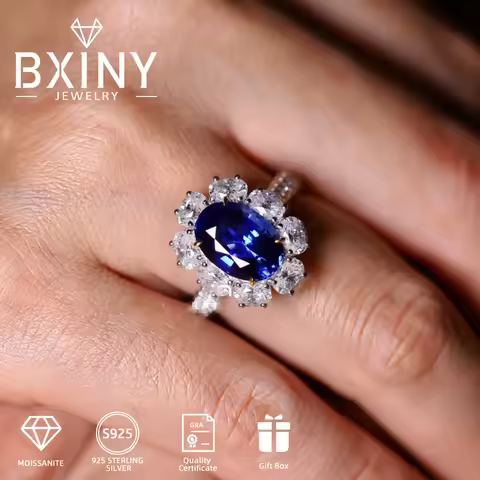BXINY Certified 2CT Oval Cut Blue Moissanite Ring S925 Silver Sapphire Lab Diamond Halo Wedding Band For Women Fine Jewelry Gift