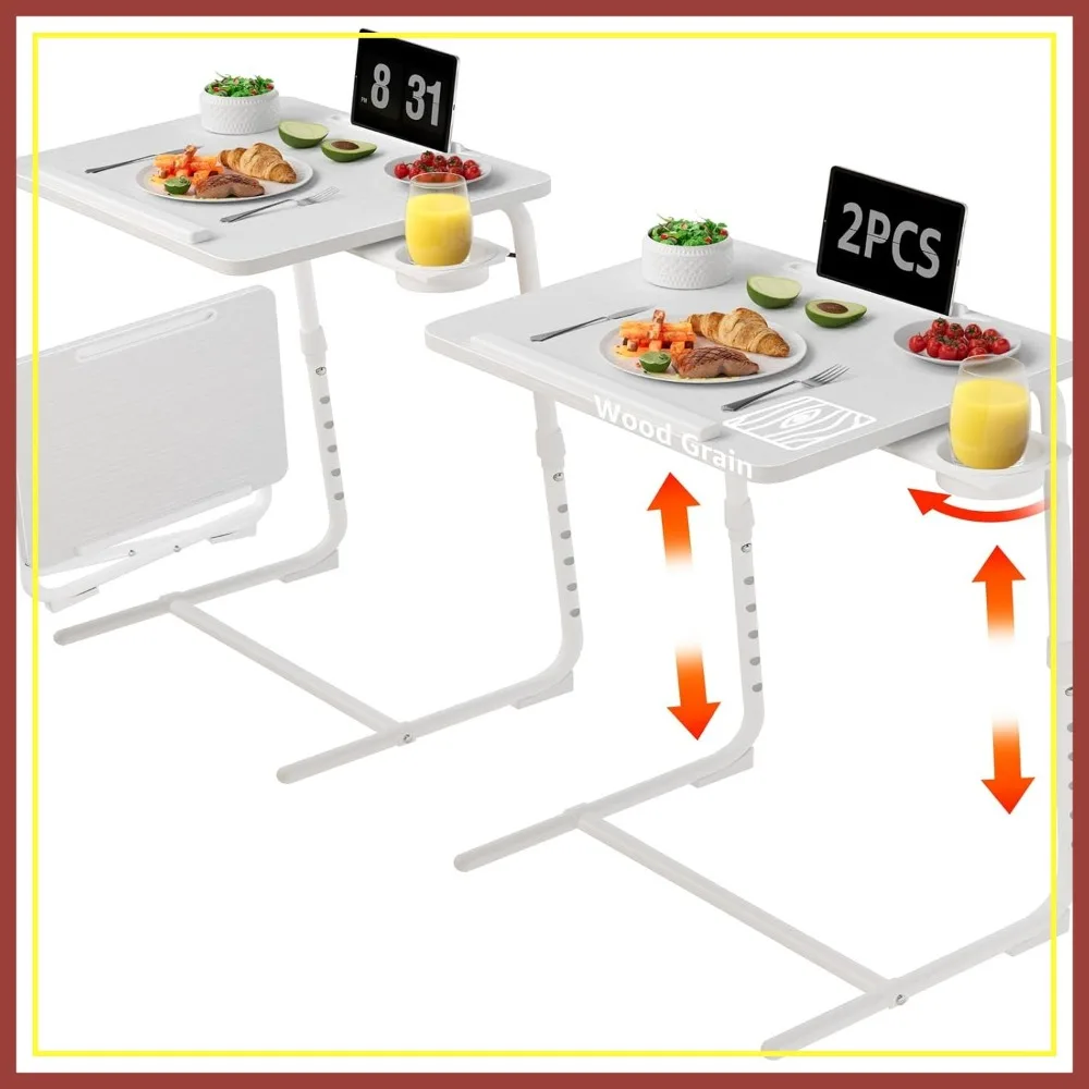 

Folding TV Trays Set of 2 - Adjustable Dinner Trays for Eating on Couch, Wooden Side Tables with Cup Holder, Portable White
