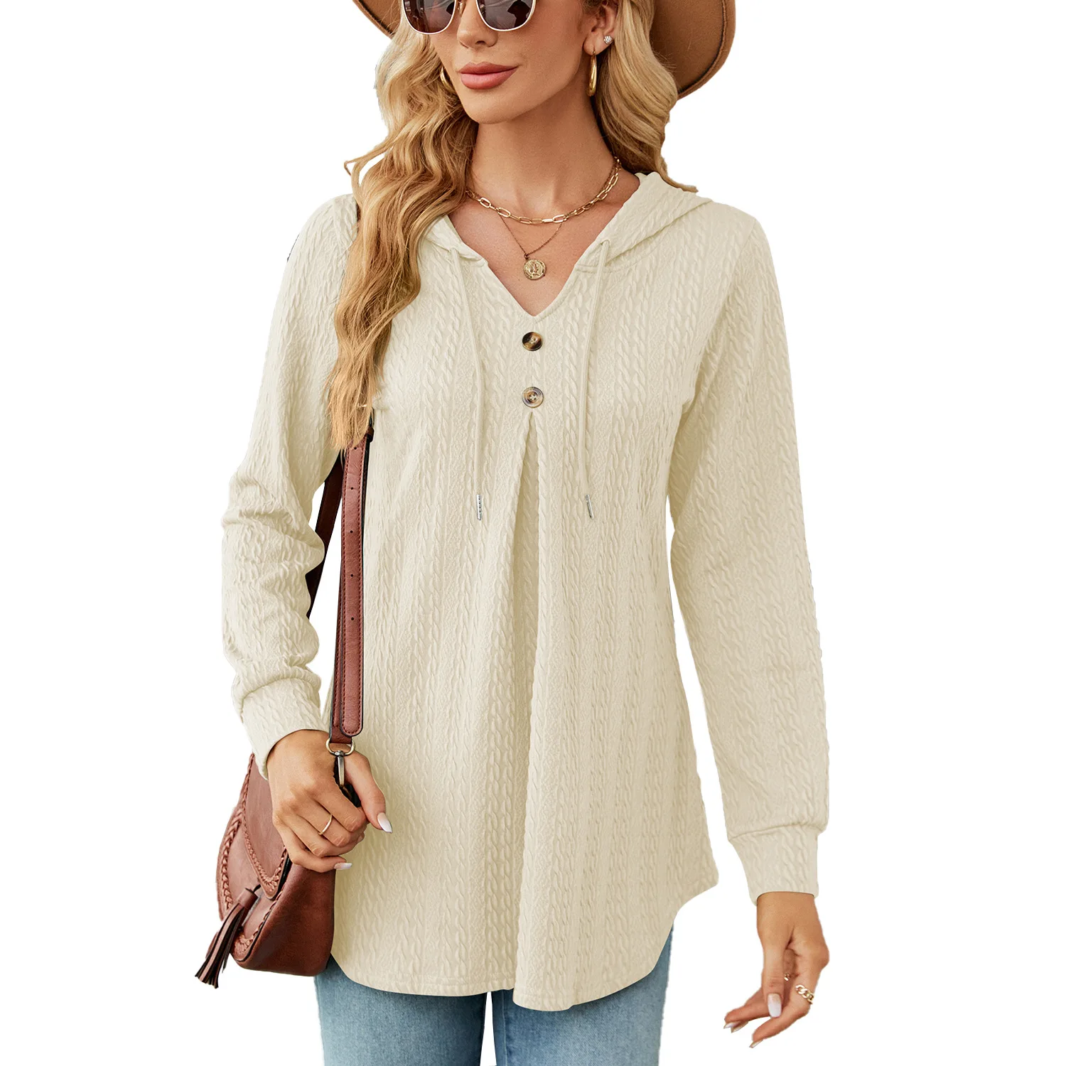 2023 Autumn and Winter Women's New Fashion V-neck Commuter Loose Relaxed Long Sleeve Hooded Sweater Comfortable Versatile Top