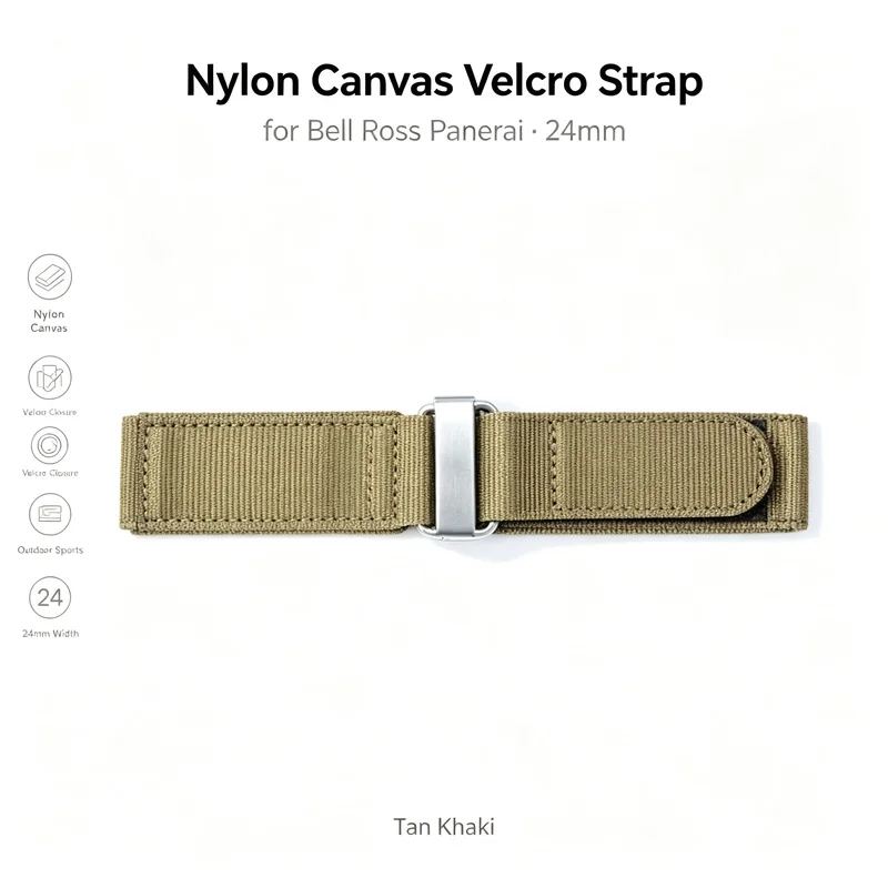 24mm Premium Nylon Canvas Velcro Strap for Bell Ross Panerai Tan Khaki Outdoor Sports Hook and Loop Men's Replacement Watch Band