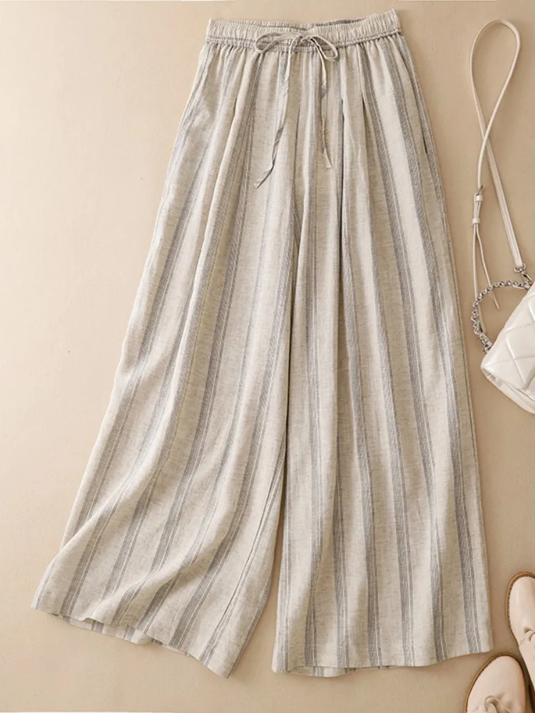 High Waist Wide Leg Cotton Linen Drapey Casual Women's Pants Summer plus Size Conceal Flattering Straight Cut Trousers