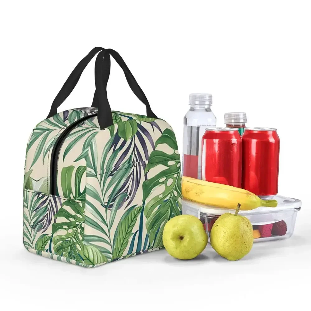Green Tropical Leaf Print Insulated Lunch Bag for Women Office Cooler Thermal Food Box Tote Portable Lunch Boxes Container