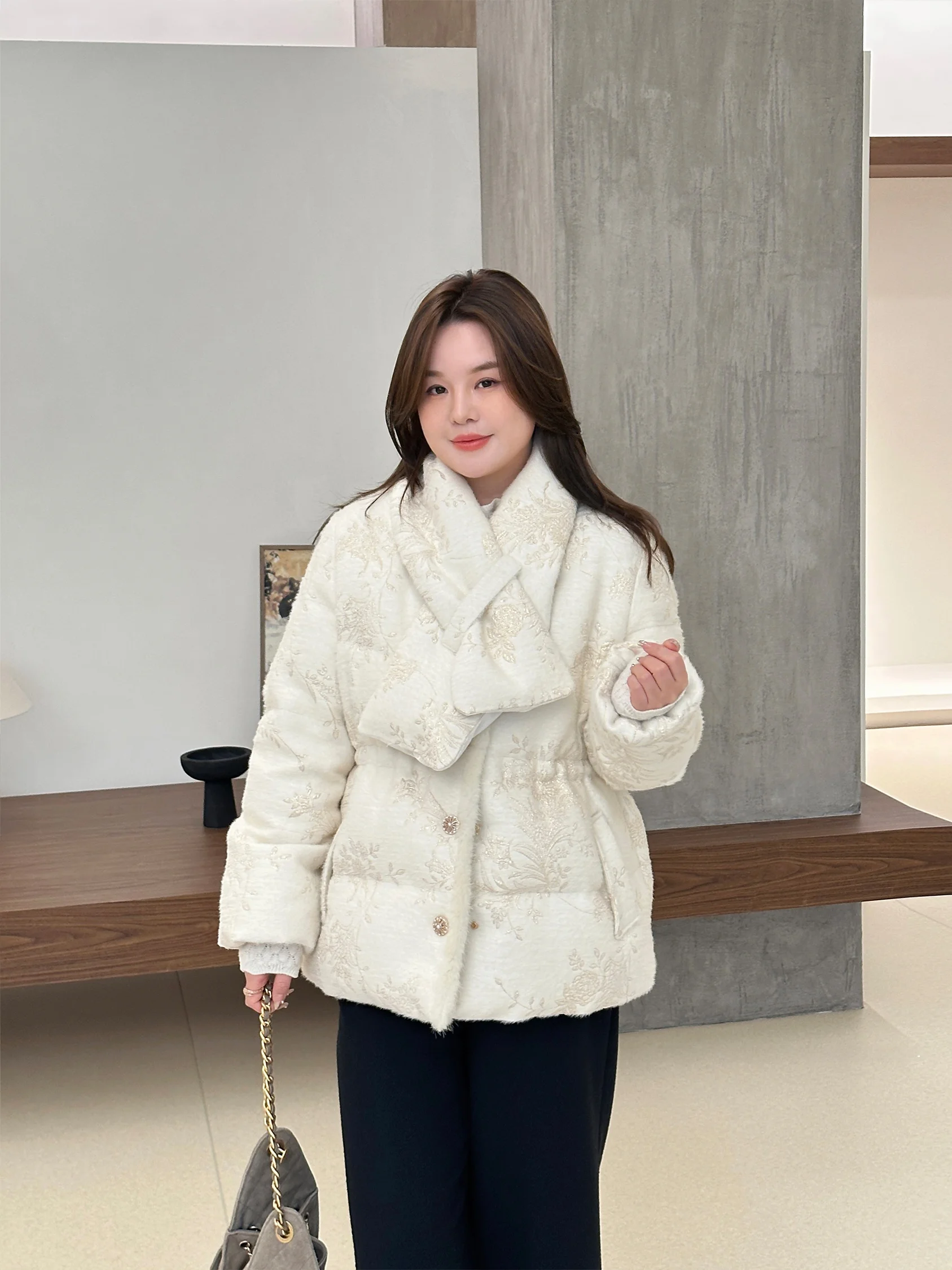 

Heavyweight Silver Tead Embroidered Mink Fur Collar down Jaet White Goose down Padded Coat Ci Casual Warm Thiened