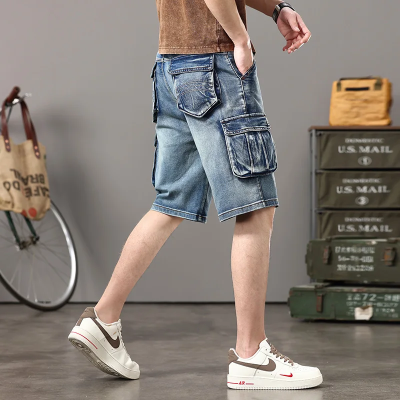 

Men's Loose Multi-Pocket Workwear Stretch Denim Shorts Men's fashionable straight leg denim shorts 2024 new style 28-44