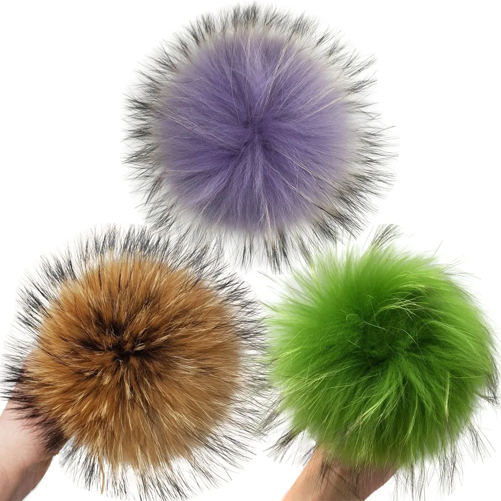 Big Fluffy Real Fur Fox Pompoms With Button DIY Raccoon Fur Pom Poms Balls Natural Fur Pompon For Scarves Hats Caps Accessories