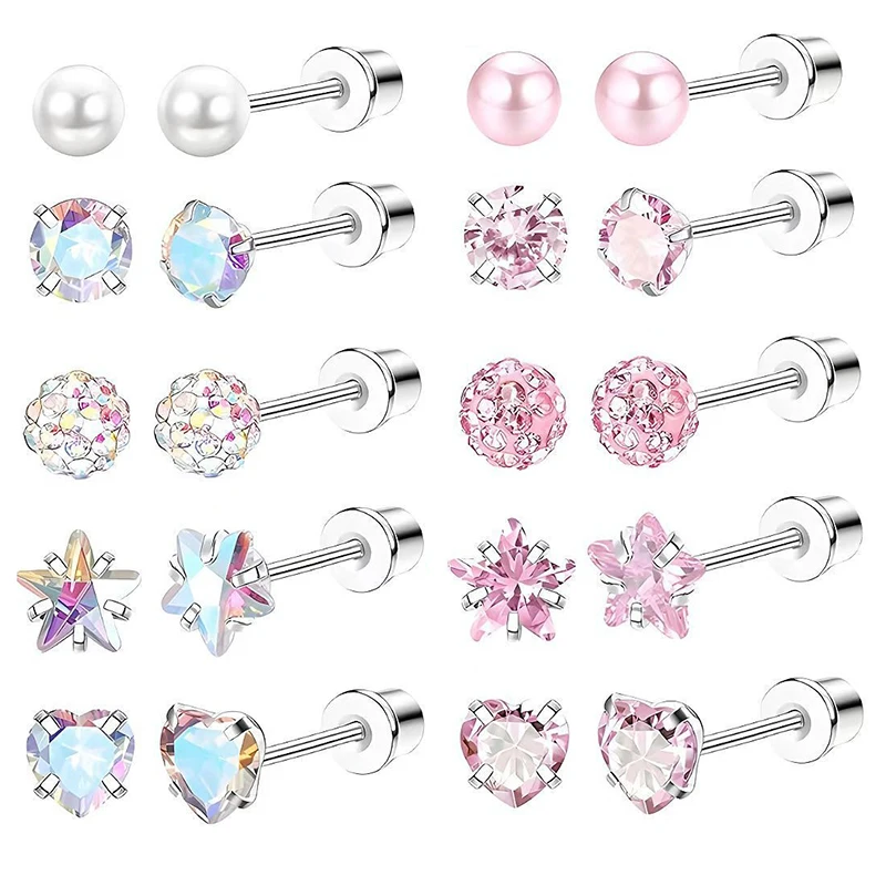 5pairs Pink Heart Star Stud Earrings Set Ear Piercing Cartilage Tragus Helix Bar Daith Earring for Women Body Jewelry for Daily