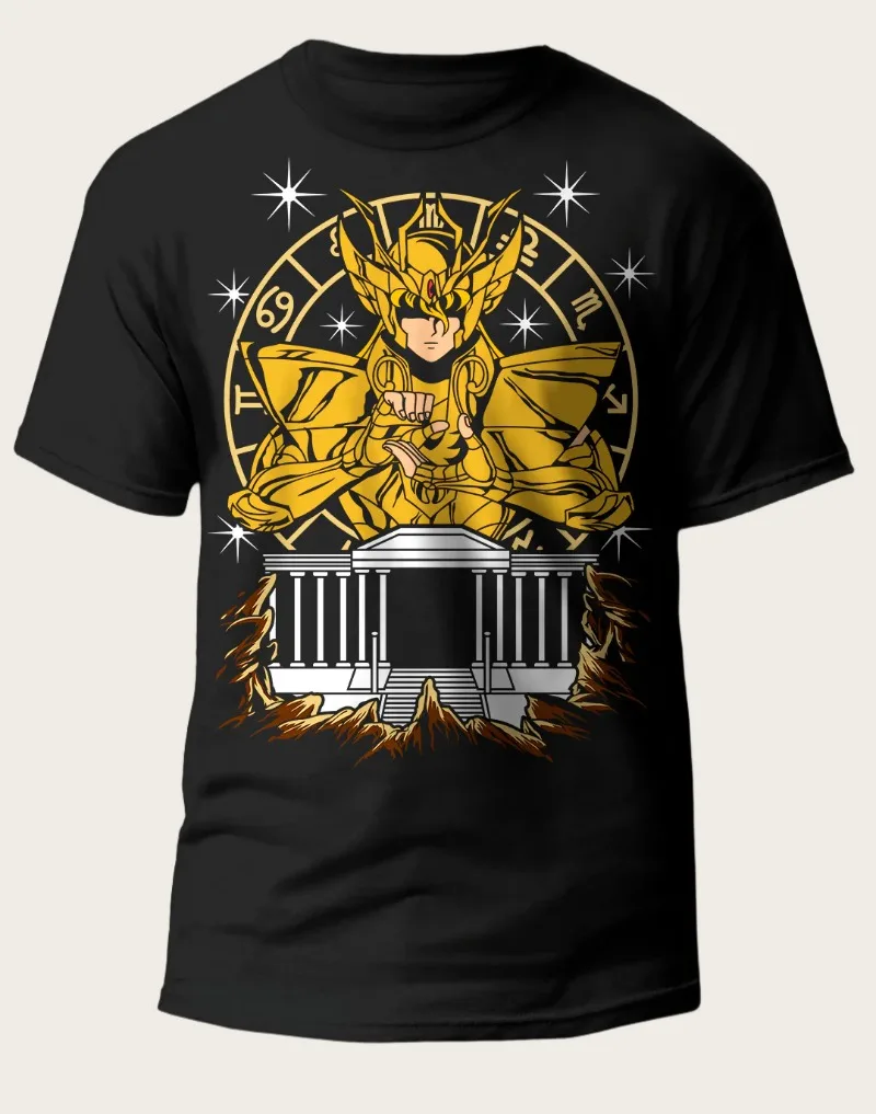 2025 Bandai autorizado Saint Seiya Virgos Gold Saint Seiya Shakyamuni impreso negro edición suelta camiseta para hombre Camisetas