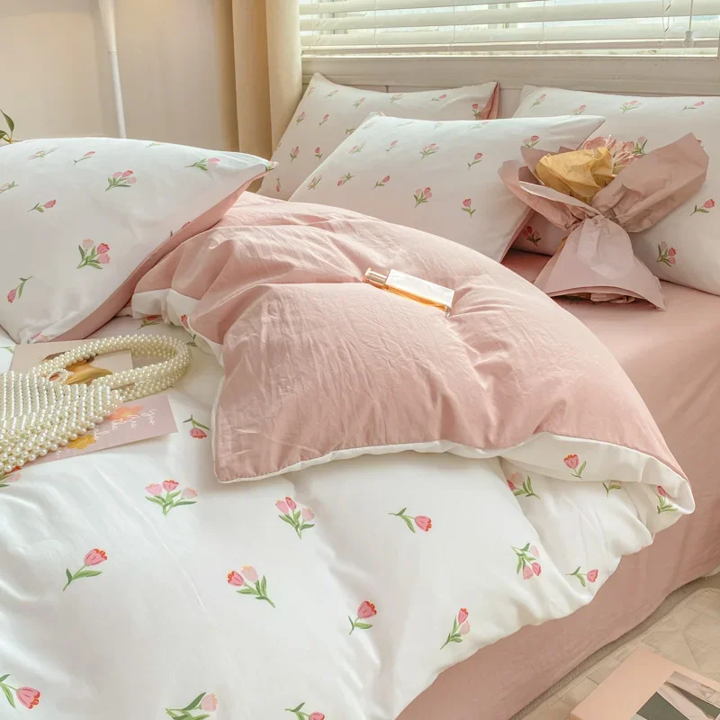 

Romantic Tulip Pink Bedding Set Bed Flat Sheet Pillowcase Twin Full Queen Bed Linen Kids Girls Floral Duvet Cover No Filling