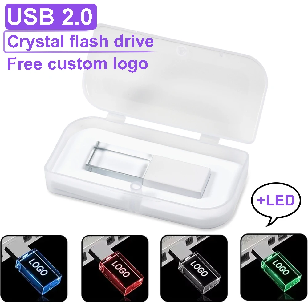 JASTER Crystal USB Flash Drive 128GB Free Custom Logo Memory Stick 64GB with LED Light Pendrive 32GB Transparent Gift Box U Disk