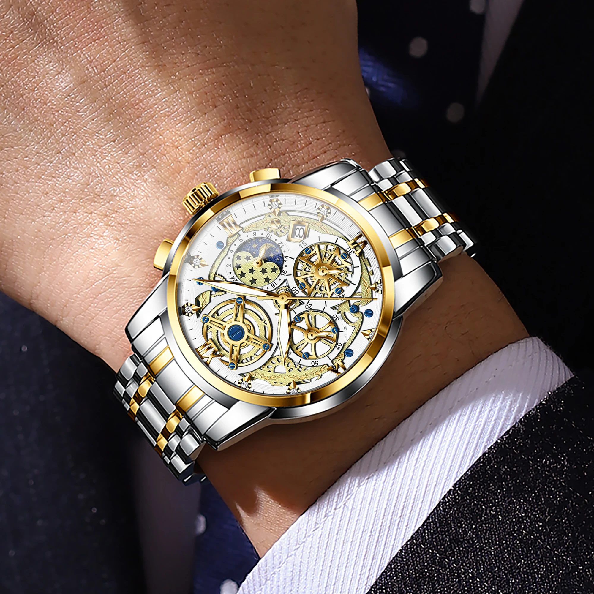 빈본드 남성용 명품 시계 오리지널 방수 야광 날짜 표시 남성 시계 크로노그래프 스테인리스 스틸 쿼츠 남성 시계 레로즈