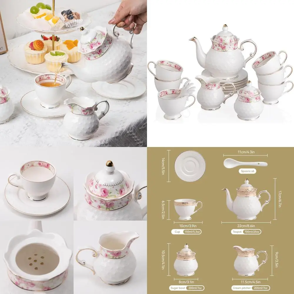 

Vintage 21-Piece Porcelain Tea Set with Gold Trim, Teapot, Cups, Saucer, Sugar Bowl, Creamer, and Spoons for 6 People