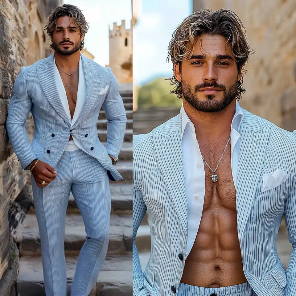 

Casual Stripe Men Suits Slim Fit 2 Pieces Set Notched Lapel Double Breasted Party Prom Groom Tuxedos Business Customized
