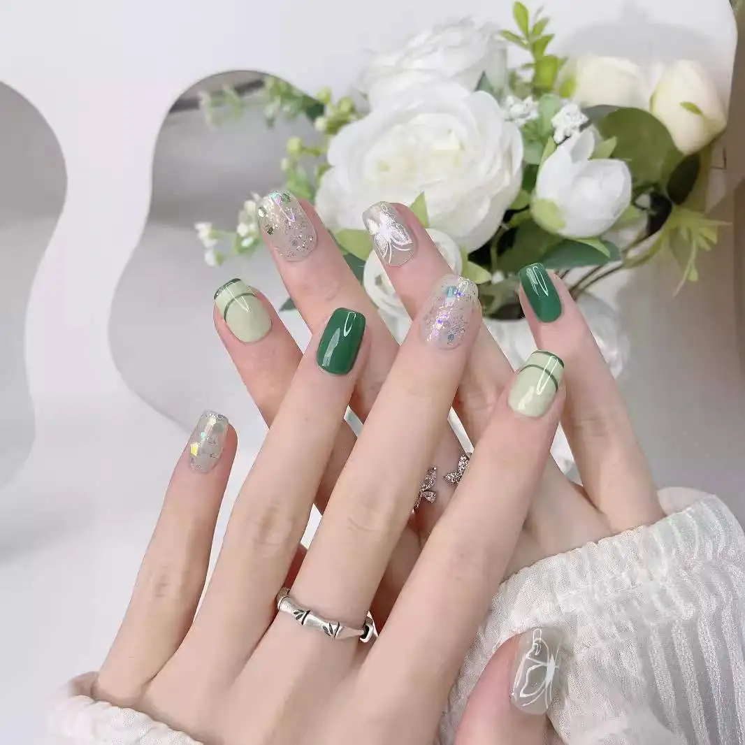 10pcs Handmade Press on Nails Green Butterfly Glitter Short Square False Nail for Women Girl Removable Wearable Fake Nail Art