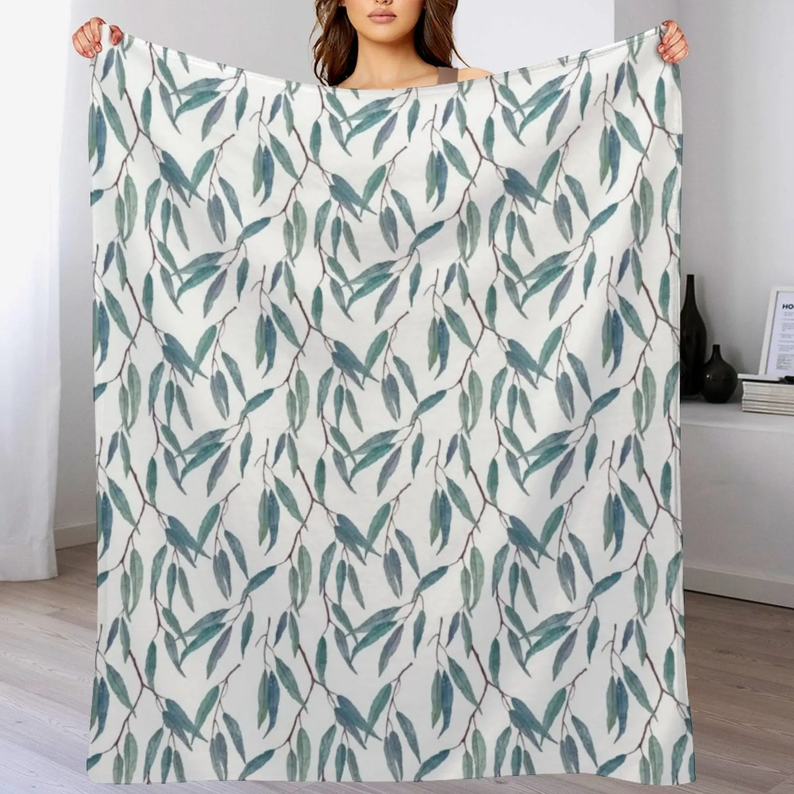 

Eucalyptus leaves on white Throw Blanket Plush Custom Tourist Vintage Blankets