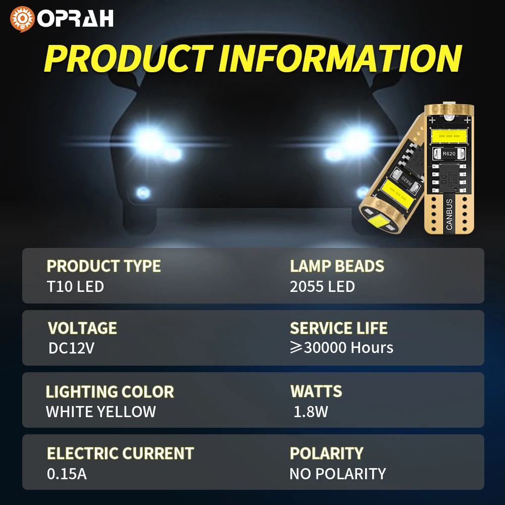 Oparn-Car Interior Dome Porta Sinal Lâmpada, Canbus, nenhum erro, Wedge Side, Estacionamento Posição Bulb, W5W, T10, 2055SMD, Novo, 2pcs